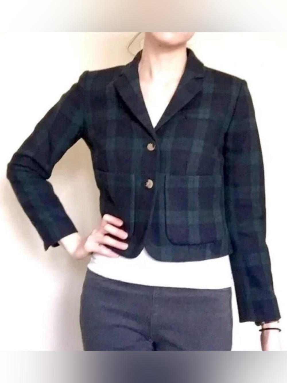Anthropologie CARTONNIER Wool Blend Plaid Cropped Blazer Jacket Academia Size 8